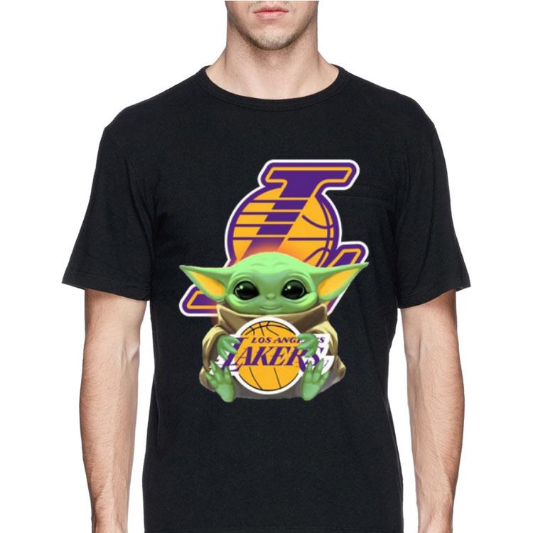 Baby Yoda hugs Los Angeles Lakers Star Wars Mandalorian shirt