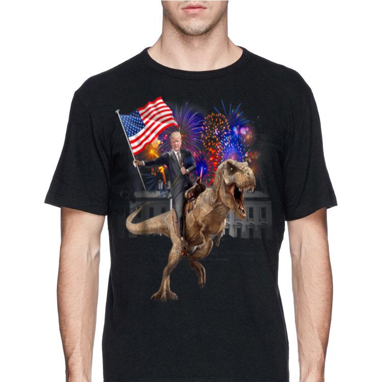 Trump Riding a Dinosaur T-rex Fireworks American Flag shirt
