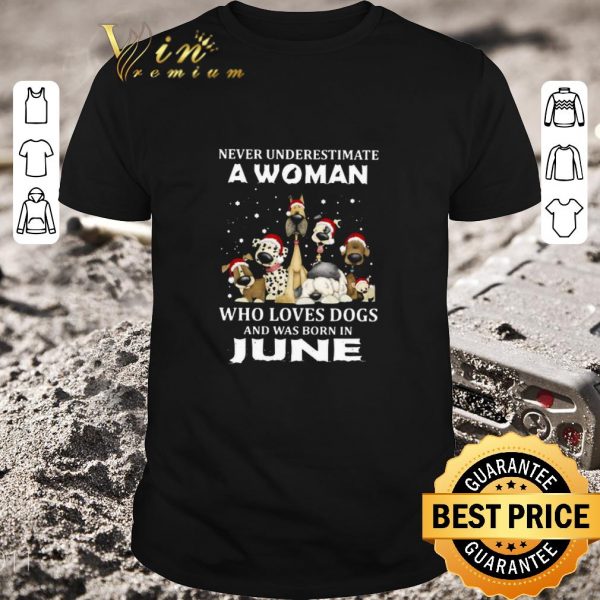 Official Never Underestimate A Woman Who Loves Dogs And Was Born In June Christmas shirt 1