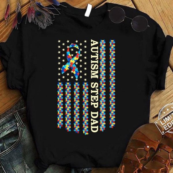 Best Autism Awareness Proud Autism Step Dad Vintage US Flag Gifts shirt 1