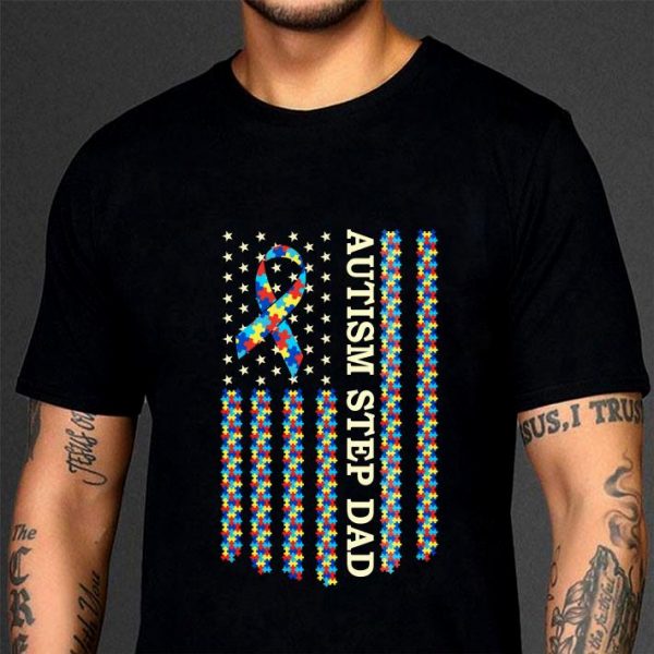 Best Autism Awareness Proud Autism Step Dad Vintage US Flag Gifts shirt 3