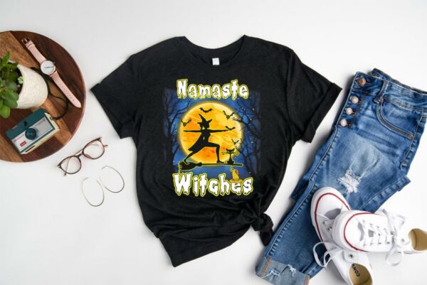 Namaste Witches Flying shirt, Nice Yoga Namaste Witches Halloween Yoga Shirt 1