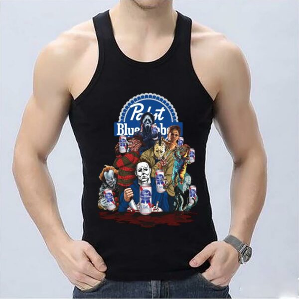 Pabst Blue Ribbon Horror Movie Characters Shirt, Horror Halloween Pabst Blue Ribbon Halloween Shirt skeleton Shirt 3