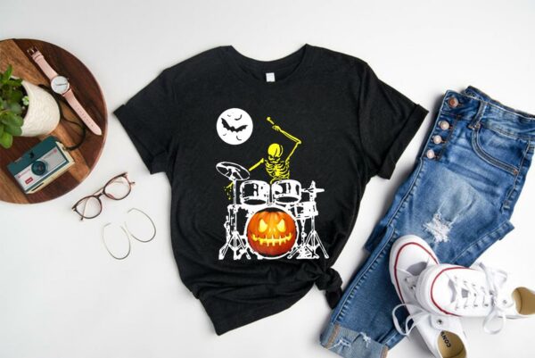 Skeleton Drummer Pumpkin Happy Halloween cemetery Shirt 1