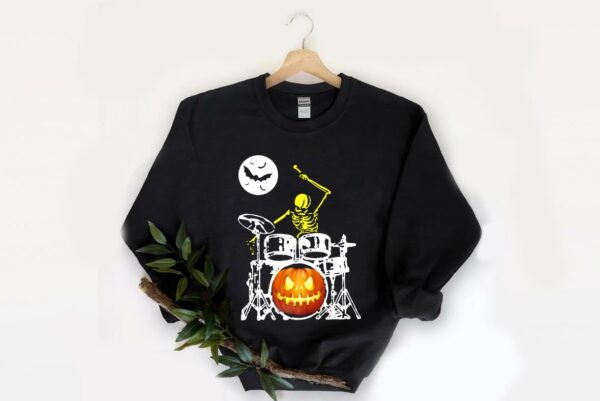 Skeleton Drummer Pumpkin Happy Halloween cemetery Shirt 2