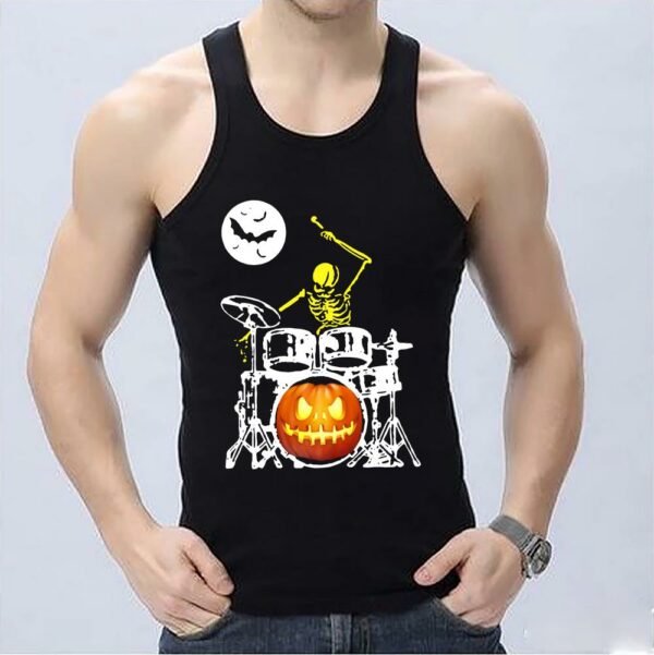 Skeleton Drummer Pumpkin Happy Halloween cemetery Shirt 3