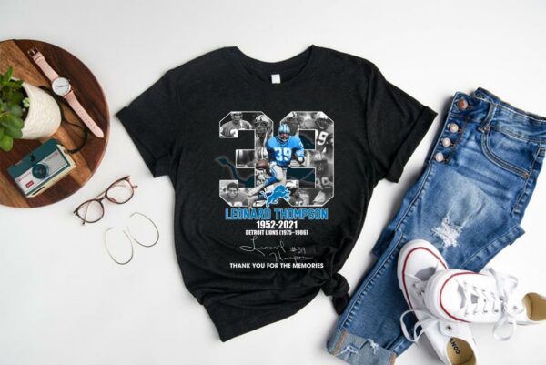 Vintage 33 Leonard Thompson 1952-2021 Detroit Lions 1975-1986 Thank You Memories Signature Shirt, Thompson Shirt 1