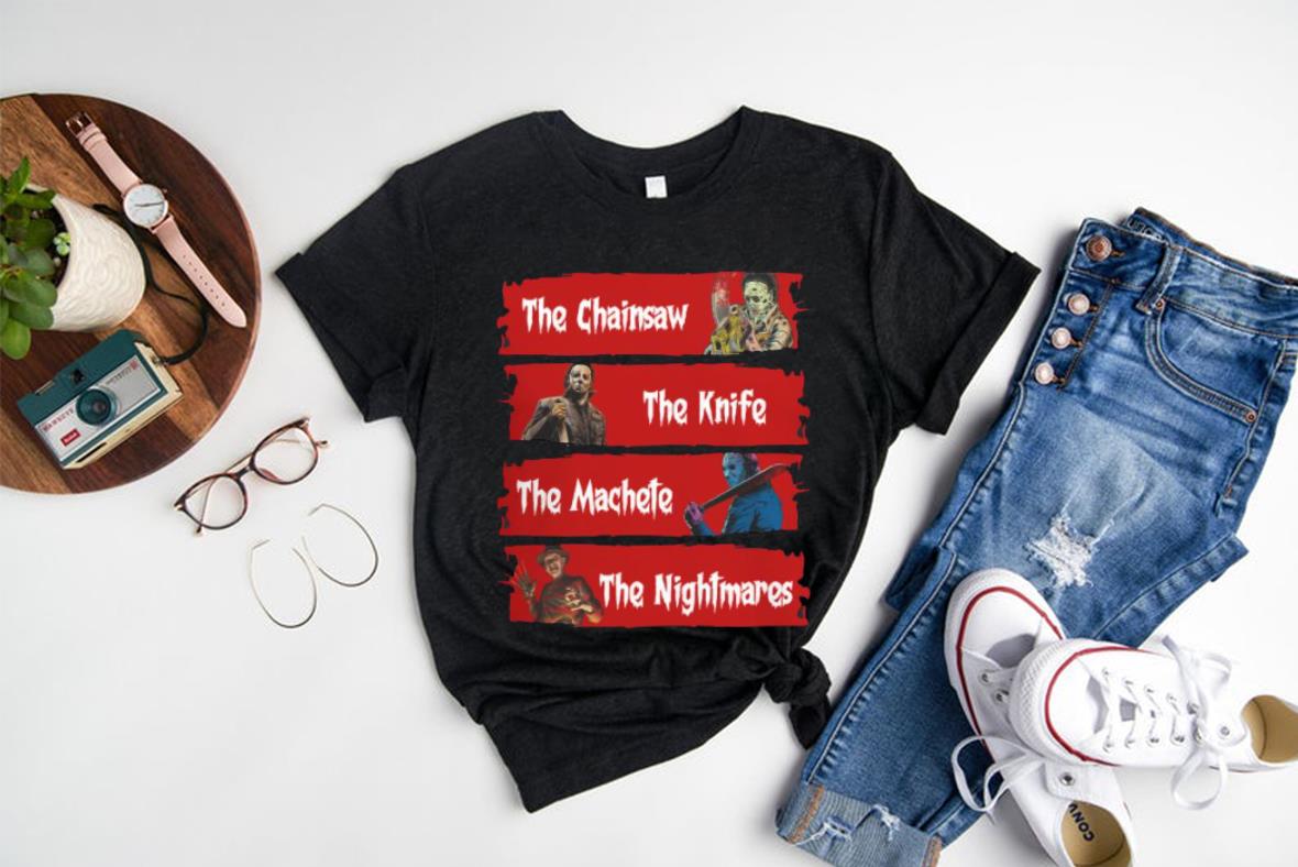 Vintage Horror Characters The Chainsaw The Knife The Machete The Nightmares Shirt, Horror Chainsaw Characters Shirt 1