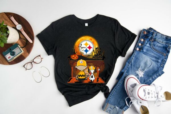OfficialCharlie Brown And Snoopy Watching Pittsburgh Steelers Moon Halloween Shirt, Watching Pittsburgh Steelers Moon Shirt 1