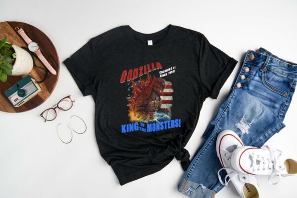 Top Godzilla King Of The Monsters And American Flag Shirt, Godzilla Crushing It Since 1954 King Of The Monsters Shirt 1
