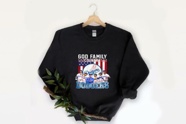 Top Los Angeles Dodgers God Family Country Yankees Signatures Shirt, God Family Dodgers American Flag Shirt 2