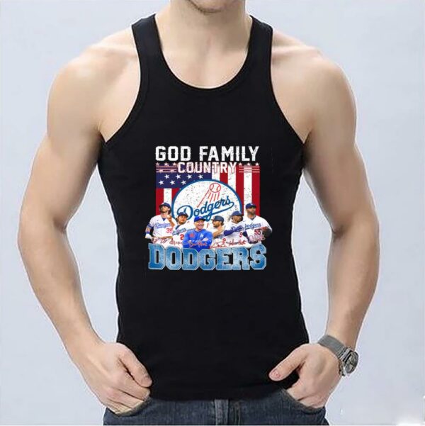 Top Los Angeles Dodgers God Family Country Yankees Signatures Shirt, God Family Dodgers American Flag Shirt 3