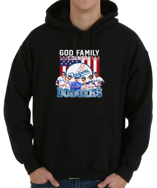Top Los Angeles Dodgers God Family Country Yankees Signatures Shirt, God Family Dodgers American Flag Shirt 4