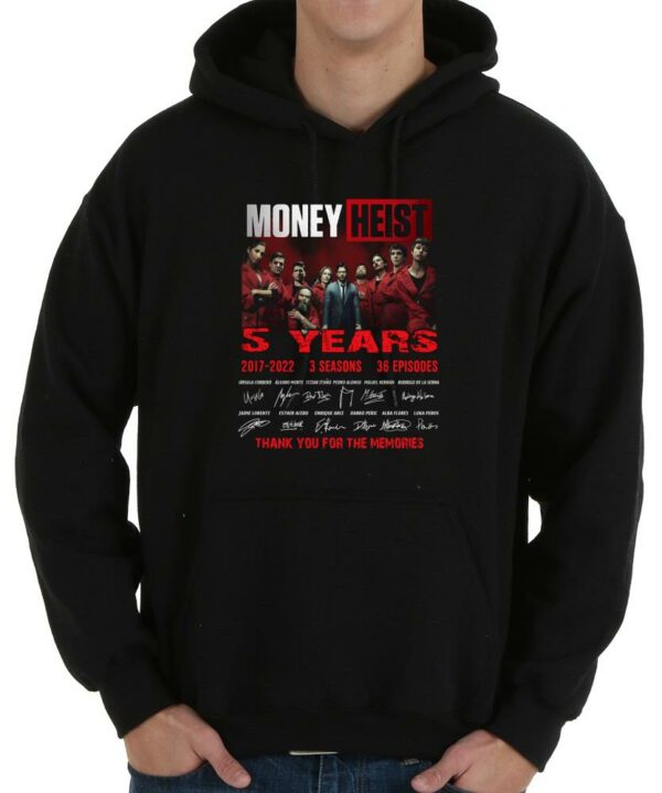 Top Money Heist Shirt, Money Heist 5 Years 2017 2022 3 Season 36 Episodes Thank You For The Memories Signatures Shirt 4