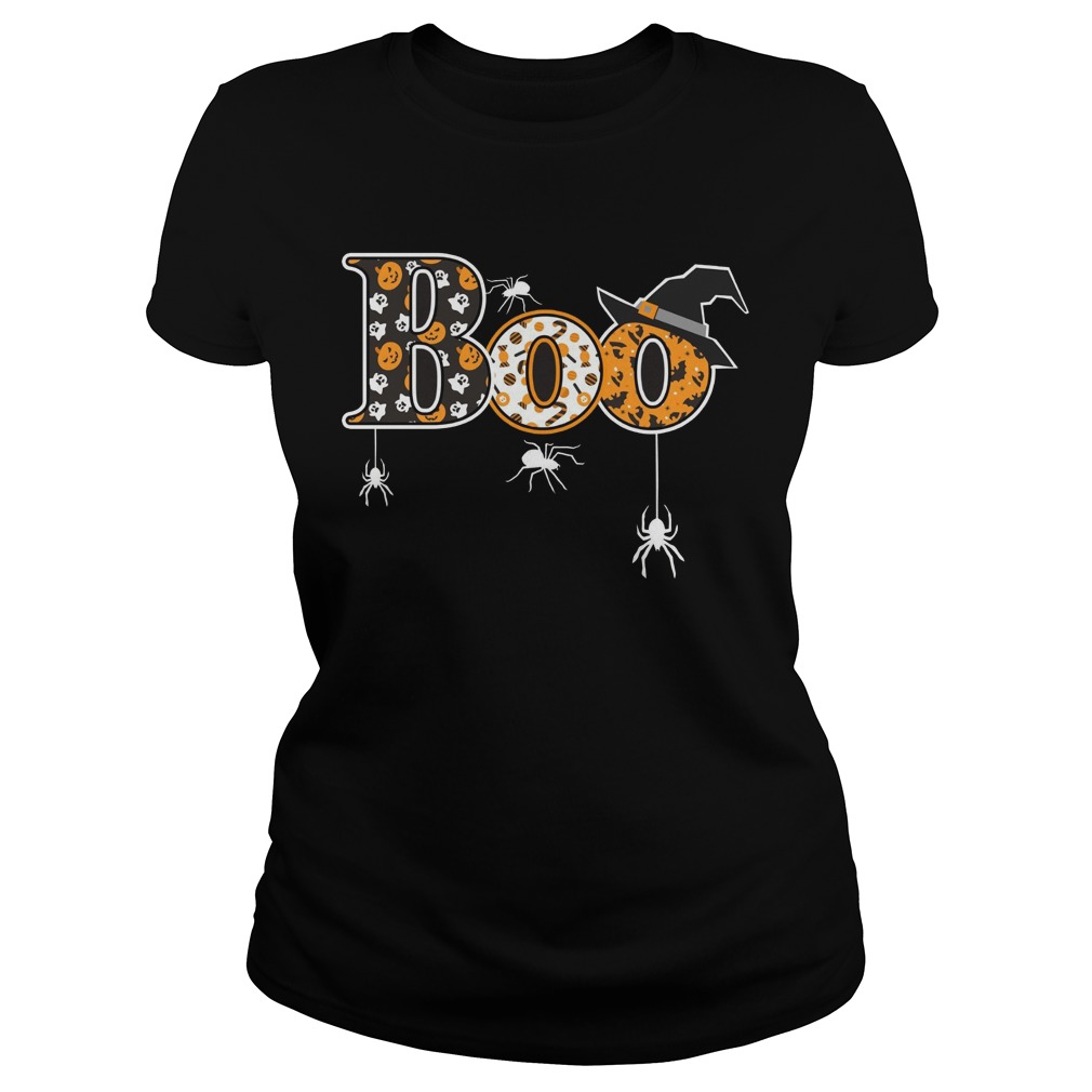 Boo Halloween T Shirt Spiders Witch Hat Ladies Tee