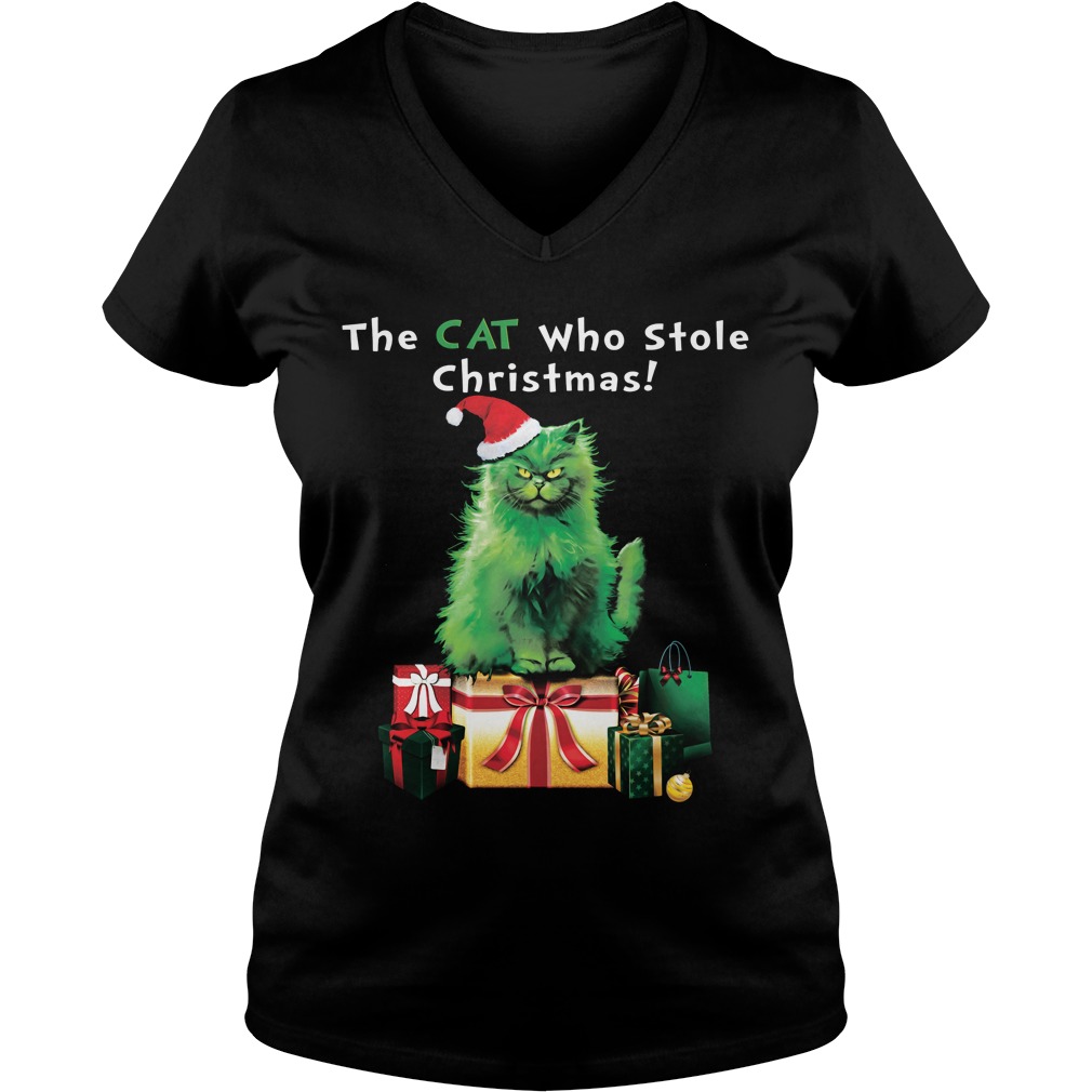 Green Grinch Cat Stole Christmas Ladies V Neck