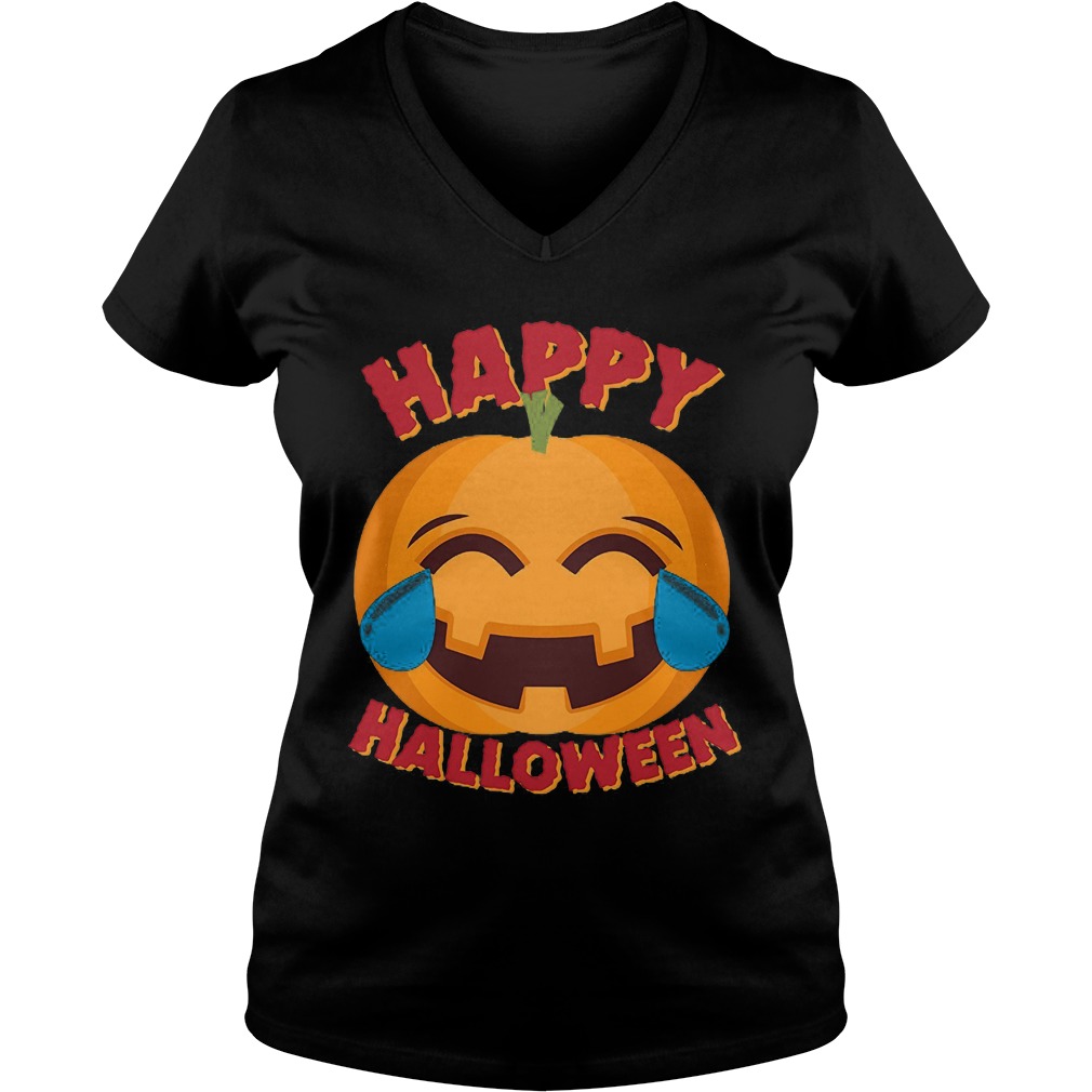 Happy Halloween Emoji Pumpkin Ladies V Neck