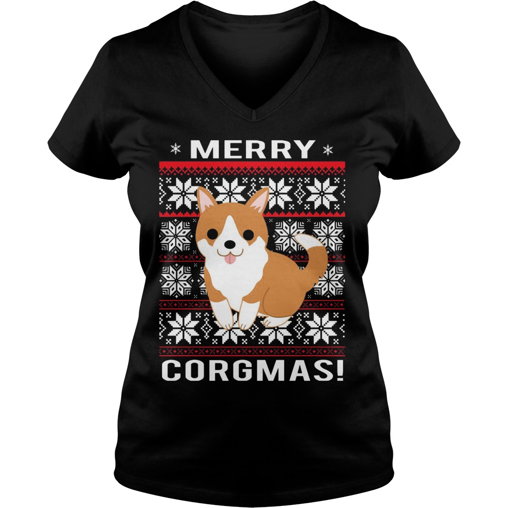 Merry Corgmas Christmas Ladies V Neck