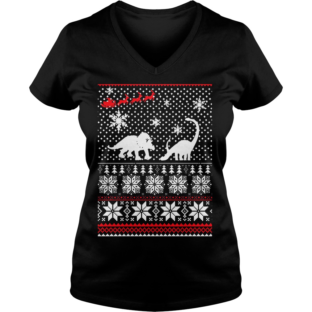 Santa Dinosaur Ugly Christmas Ladies V Neck