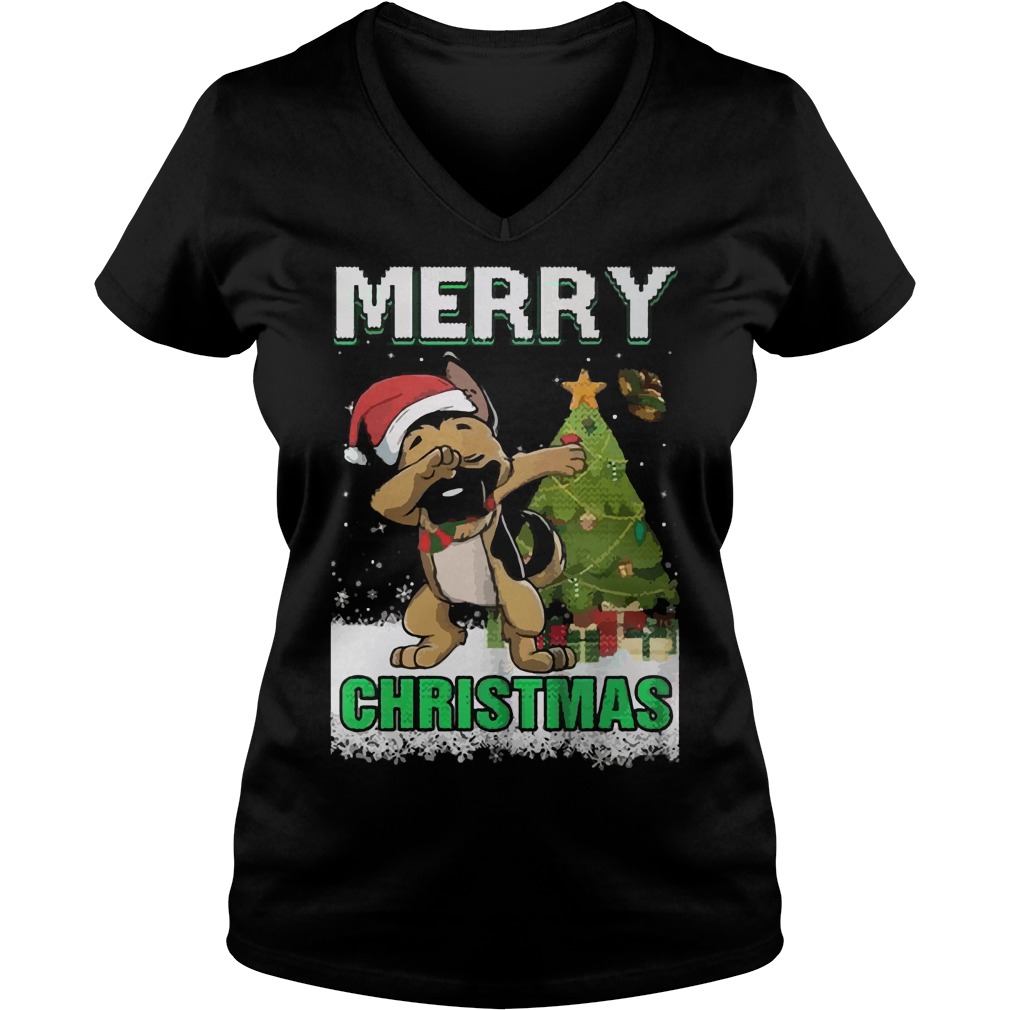 German Shepherd Dabbing Claus Merry Ladies V Neck