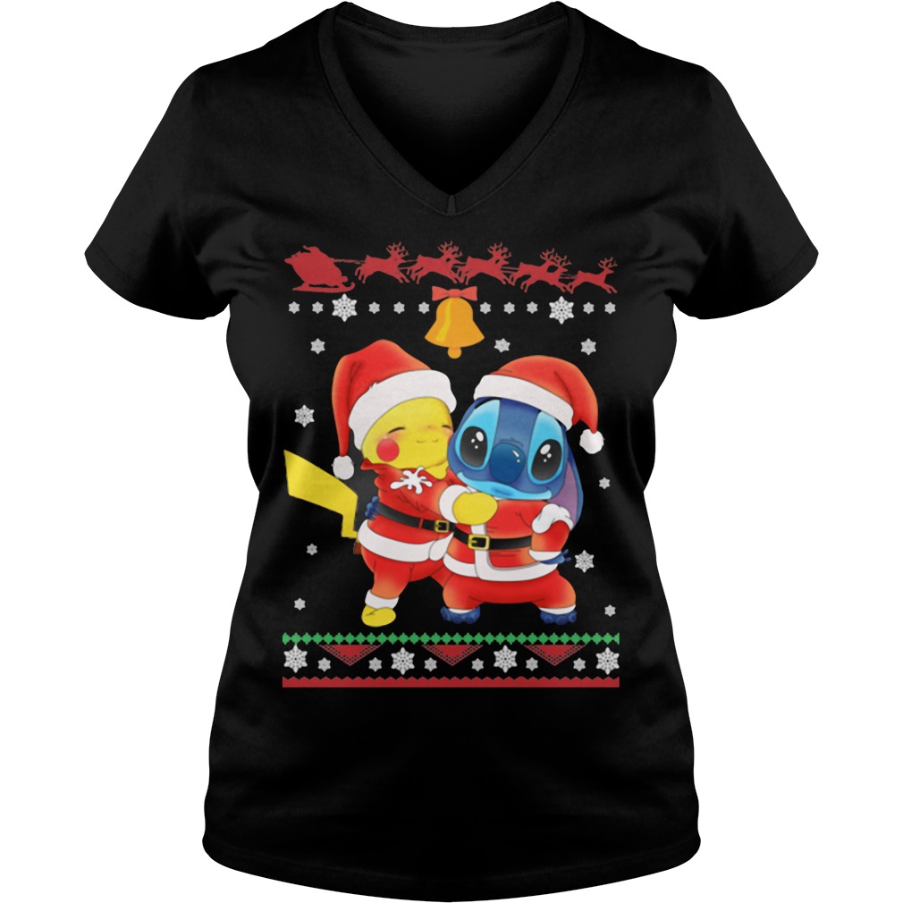 Official Pikachu And Stitch Merry Ugly Christmas Ladies V Neck
