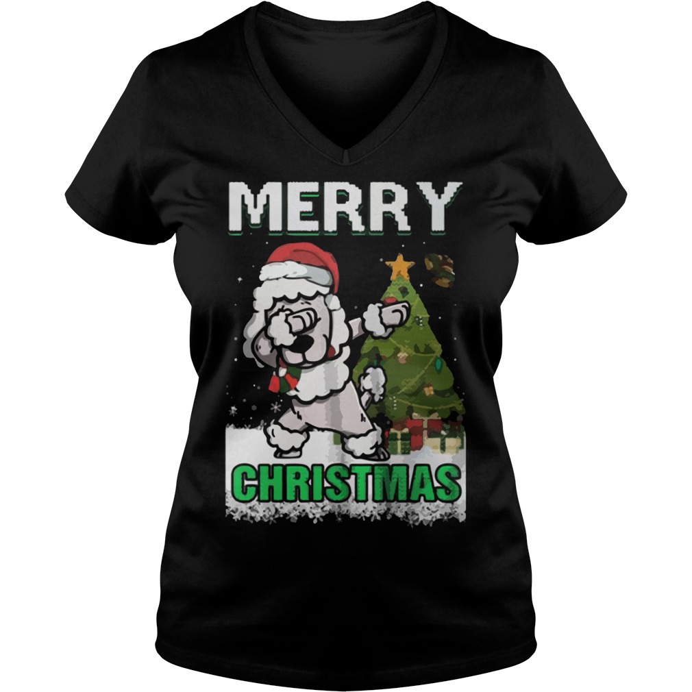 Poodle Claus Dabbing Merry Ugly Christmas Ladies V Neck