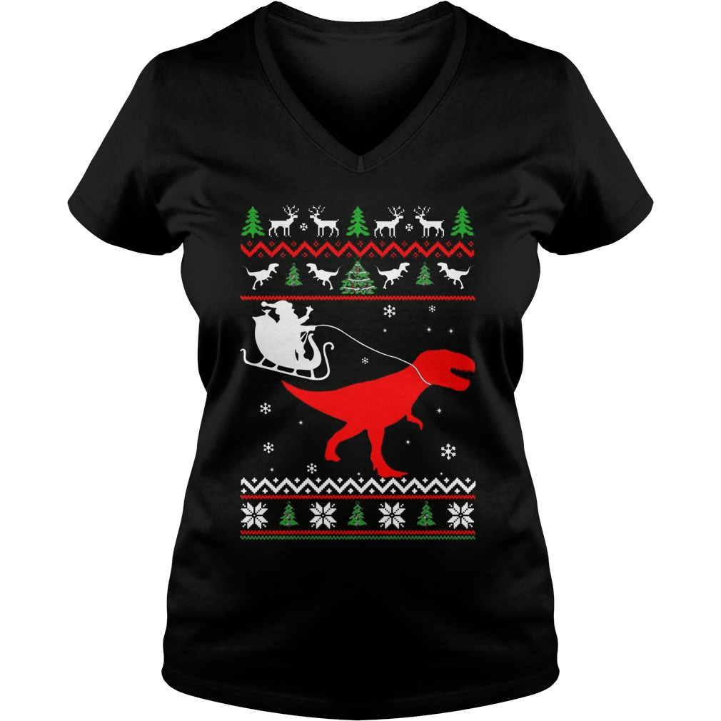 Santa Rides T Rex Sweater Christmas Santa Rides Dinosaur Ladies V Neck