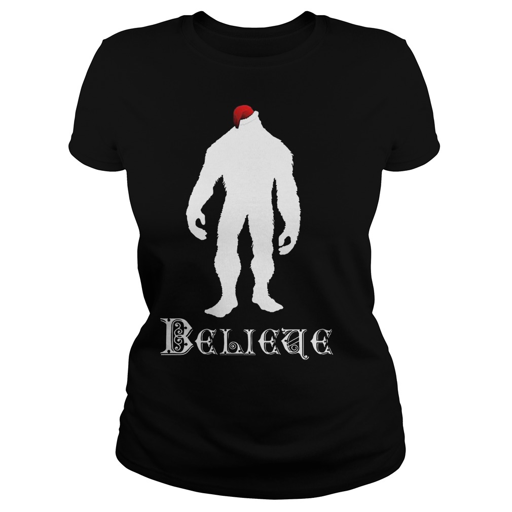 Believe Christmas Bigfoot Santa Ladies Tee
