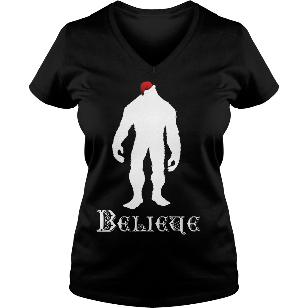 Believe Christmas Bigfoot Santa Ladies V Neck
