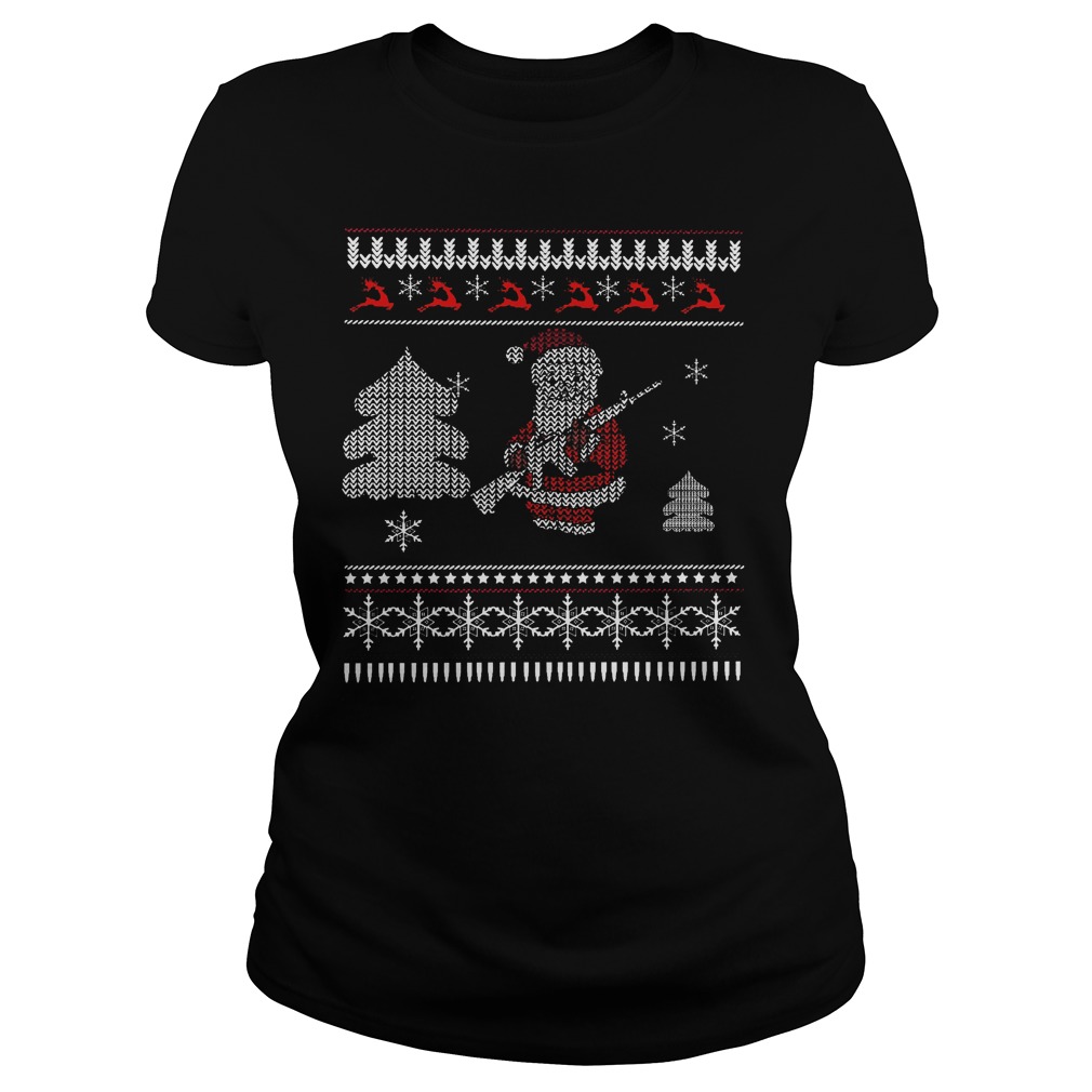 Santa Hunting Merry Christmas Ladies Tee