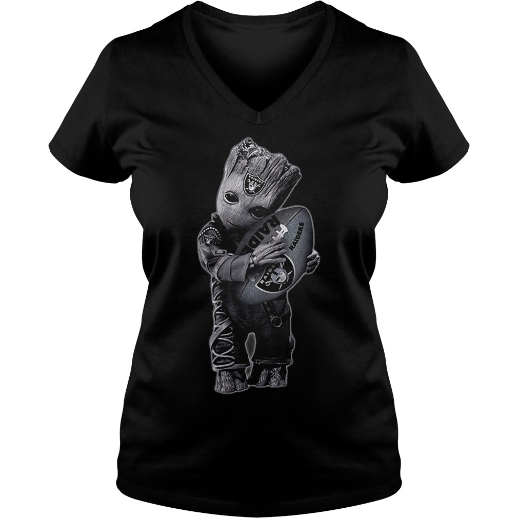 Baby Groot Hug Oakland Raiders Football NFL T-Shirt Ladies V-Neck