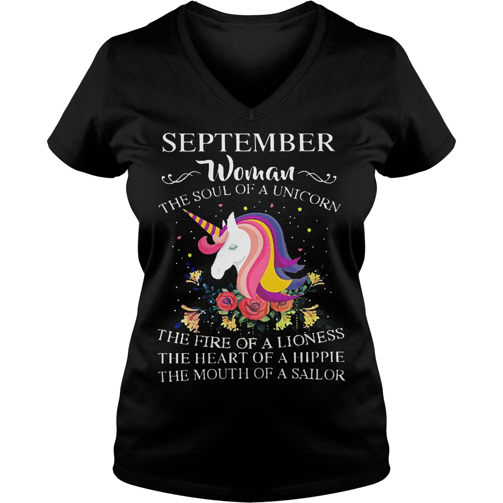 September woman the soul of a unicorn the fire of a lioness shirt Ladies V-Neck
