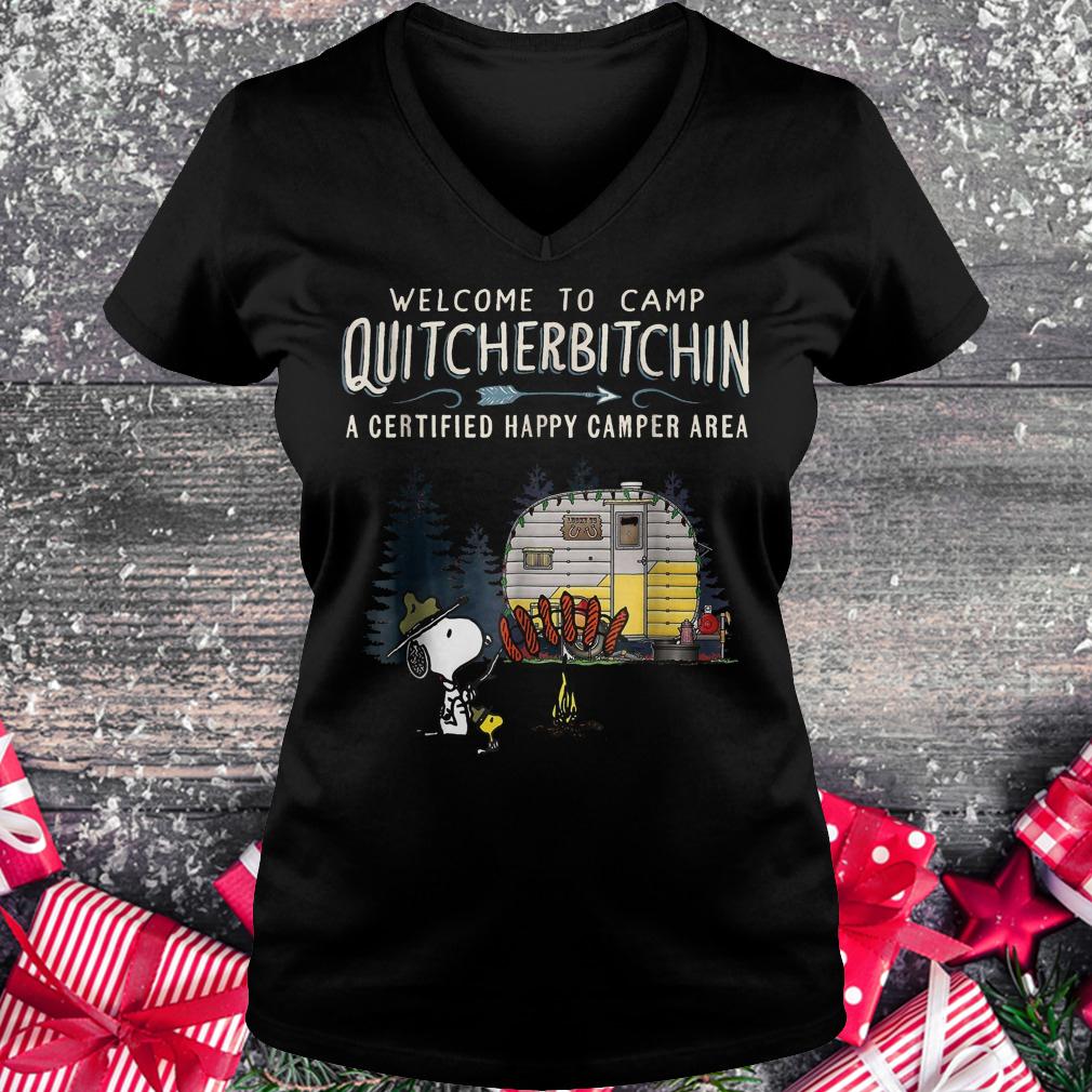 Welcome to camp Quitcherbitchin a certified happy camper area Snoopy shirt Ladies V-Neck
