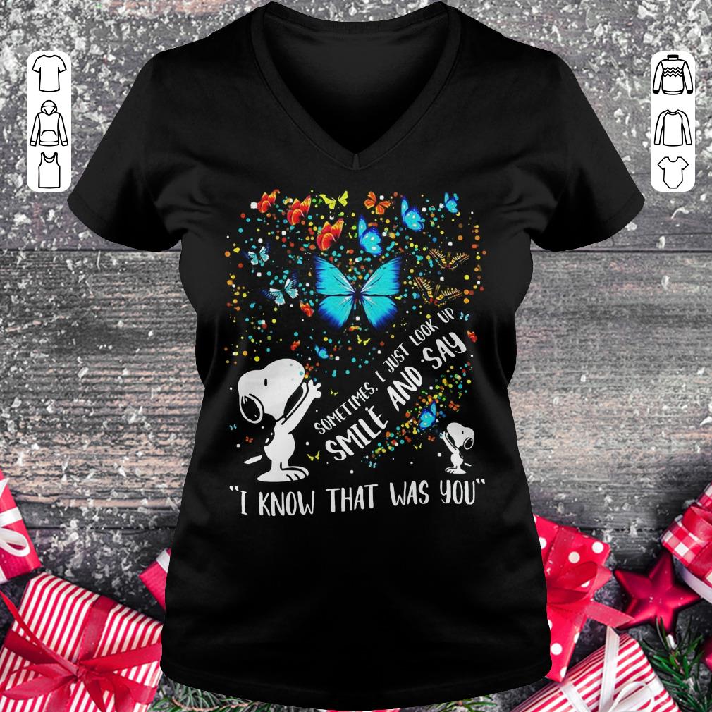 Official Snoopy butterfly Sometimes I Just look up smile and say I know that was you shirt Ladies V-Neck