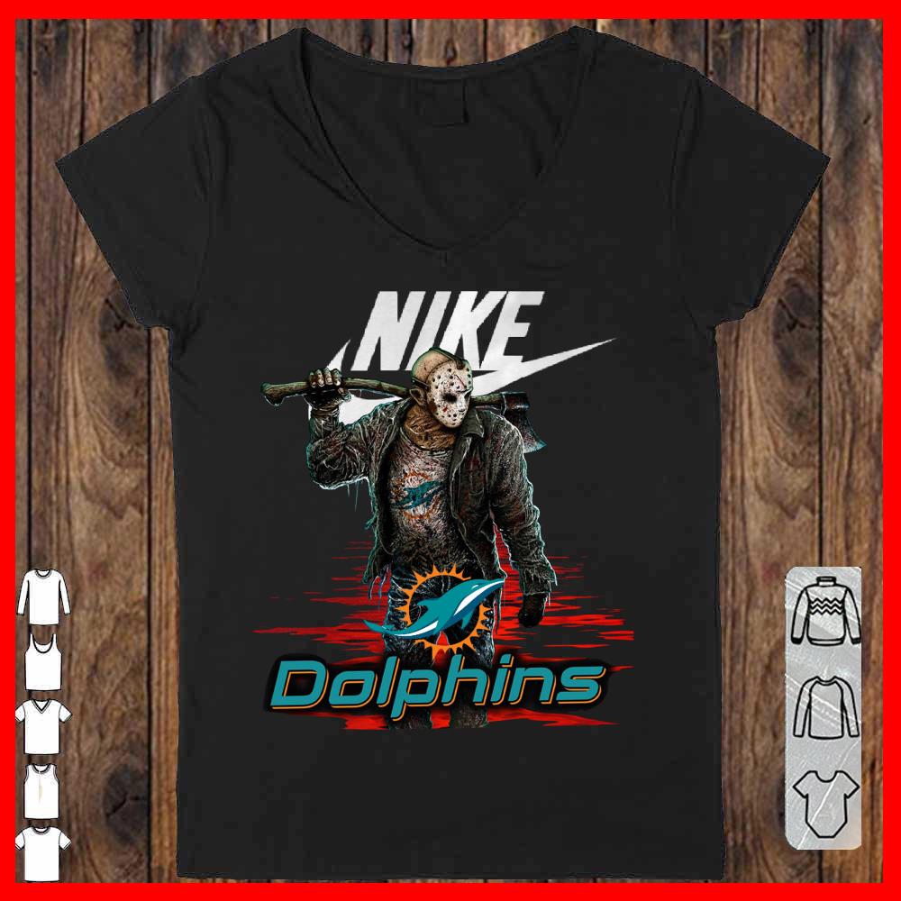 Nike Logo Mashup Dolphins Jason Voorhees Shirt, Nike Jason Voorhees Dolphins Vneck-woman