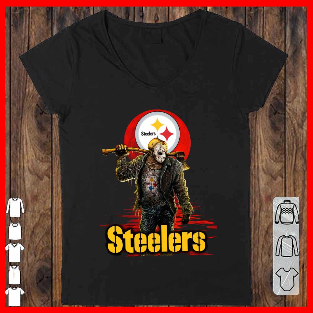 Steelers Mashup Jason Voorhees Horror Movies Shirt, Jason Voorhees Steelers Vneck-woman