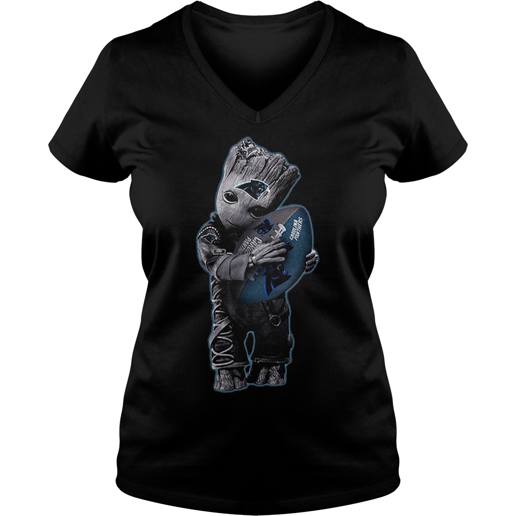 Baby Groot Hug Carolina Panthers Football NFL T-Shirt 28 Baby Groot Hug Carolina Panthers Football NFL T-Shirt Ladies V-Neck