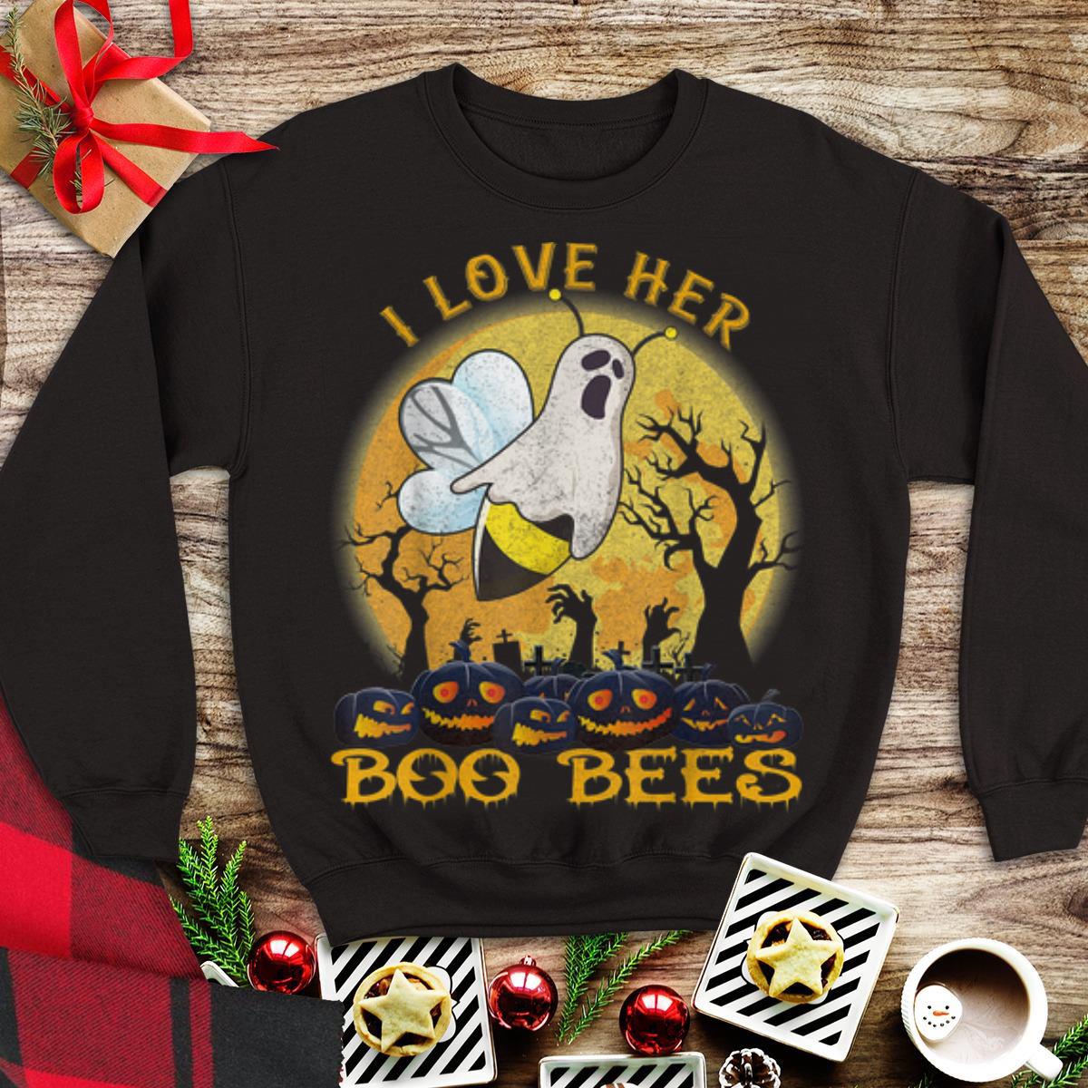 I Love Her Boo Bees Halloween Costume Moon Pumpkins shirt