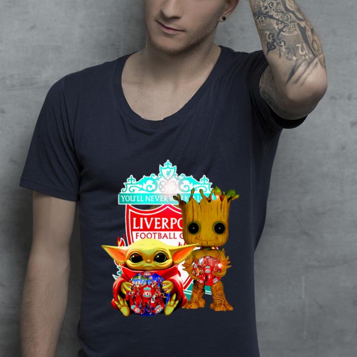 Top Baby Yoda And Baby Groot Hug Football Liverpool FC shirt