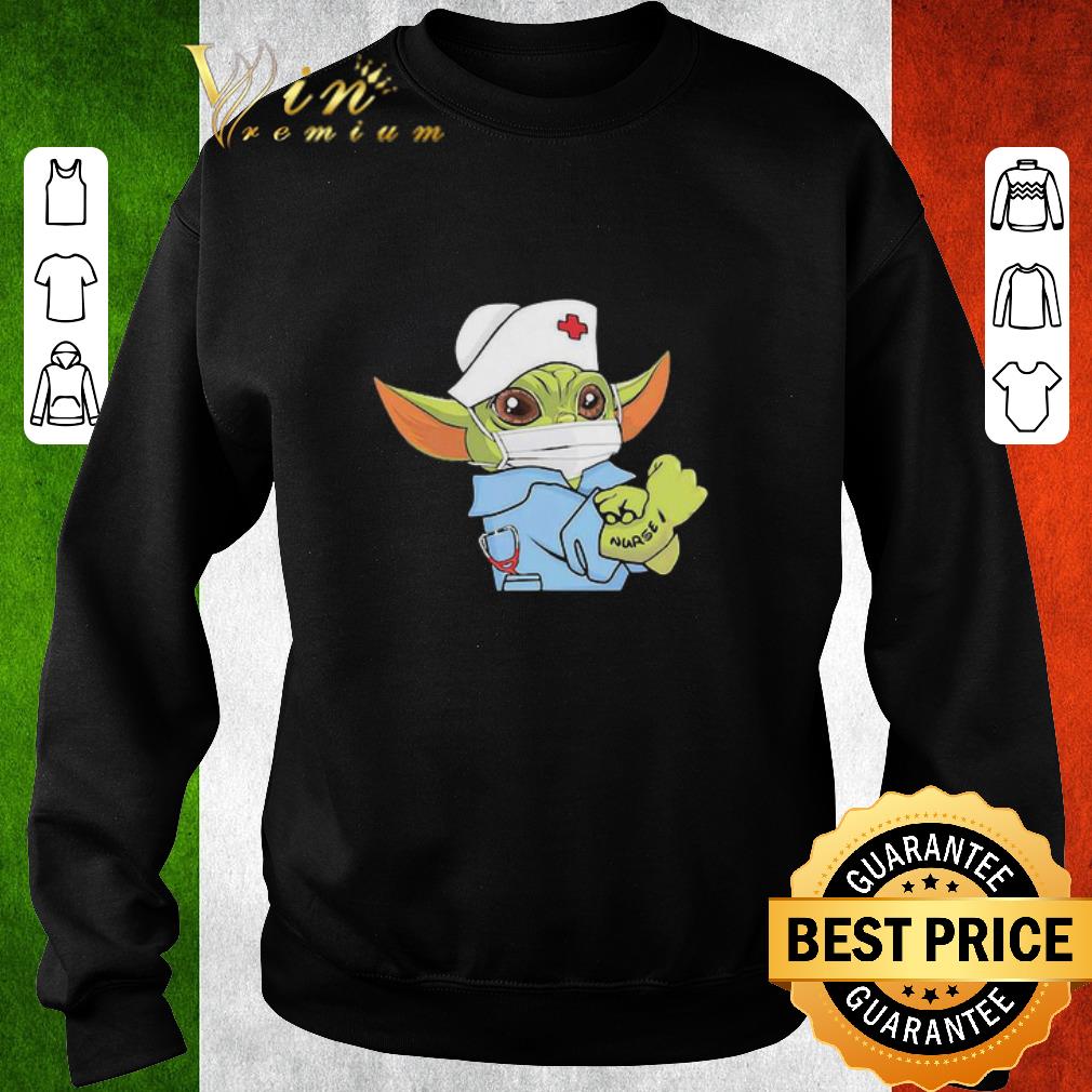 Funny Strong Baby Yoda Wearing Scrub Nurse Coronavirus shirt
