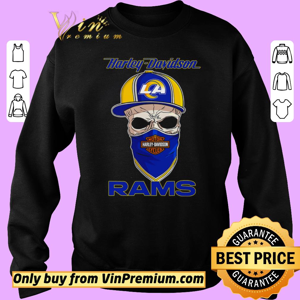 Awesome Los Angeles Rams skull wearing Harley-Davidson Cycles mask shirt