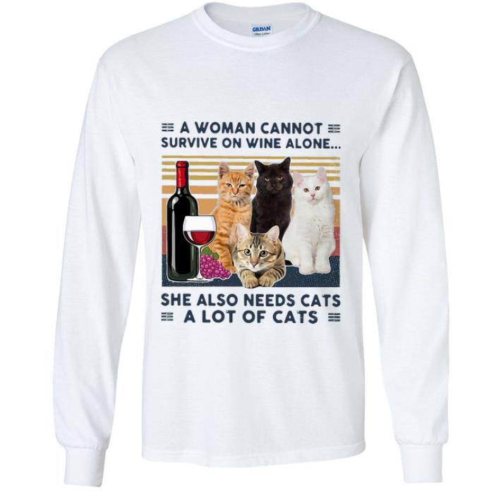 Top Vintage A Woman Cannot Survive On Wine Alone She Also Needs Cats shirt