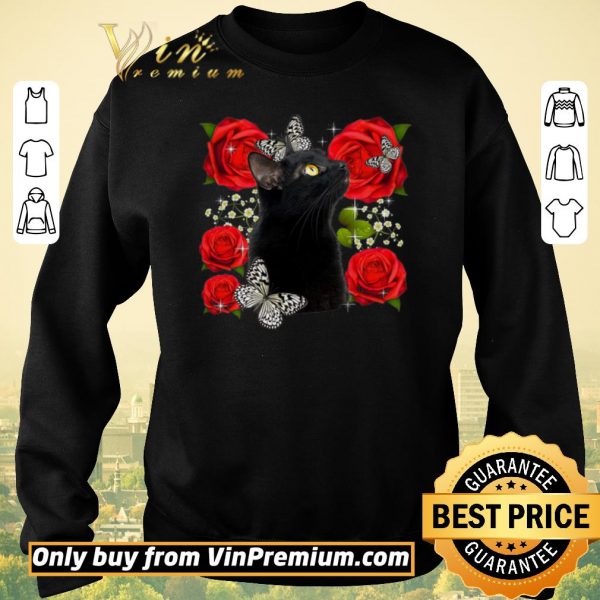 Nice Black Cat Rose Flowers Butterfly shirt sweater