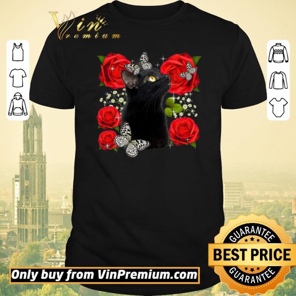 Nice Black Cat Rose Flowers Butterfly shirt sweater