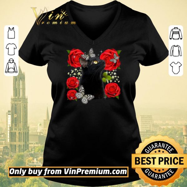 Nice Black Cat Rose Flowers Butterfly shirt sweater