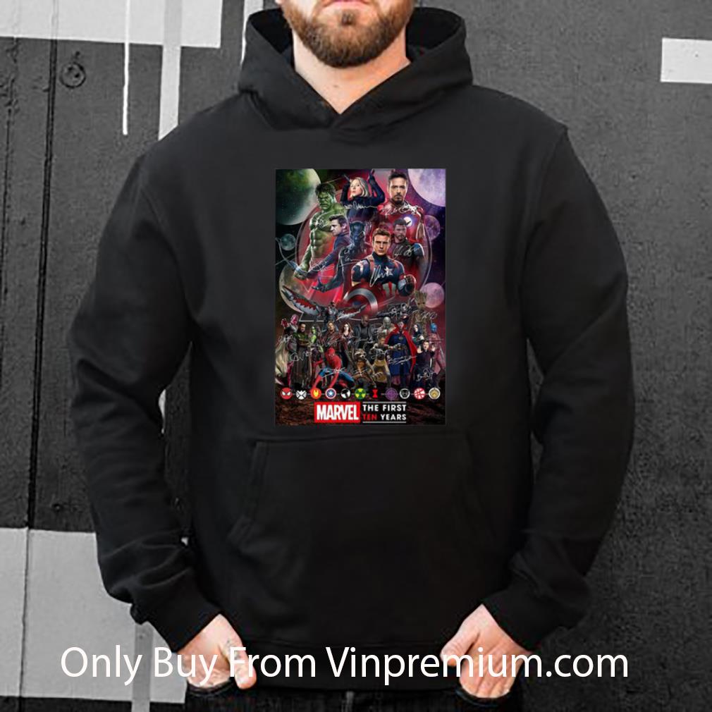 9f79245b premium marvel avengers the first ten years characters signatures shirt 4 - Premium Marvel Avengers The First Ten Years Characters Signatures shirt