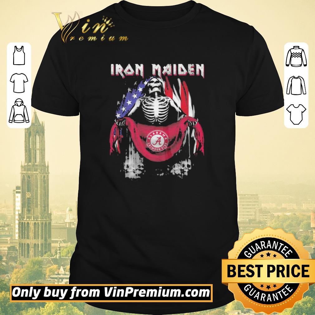 Awesome Skeleton Iron Maiden Alabama Crimson Tide Logo American Flag Independence Day shirt sweater