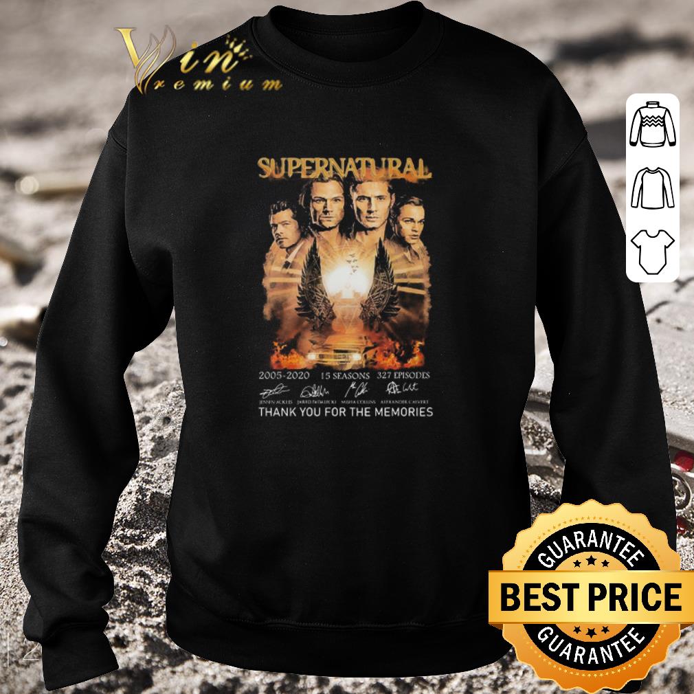 8e05087f nice supernatural 2005 2020 15 seasons 327 episodes thank you for the memories signatures shirt 4 - Nice Supernatural 2005 2020 15 Seasons 327 Episodes Thank You For The Memories Signatures shirt