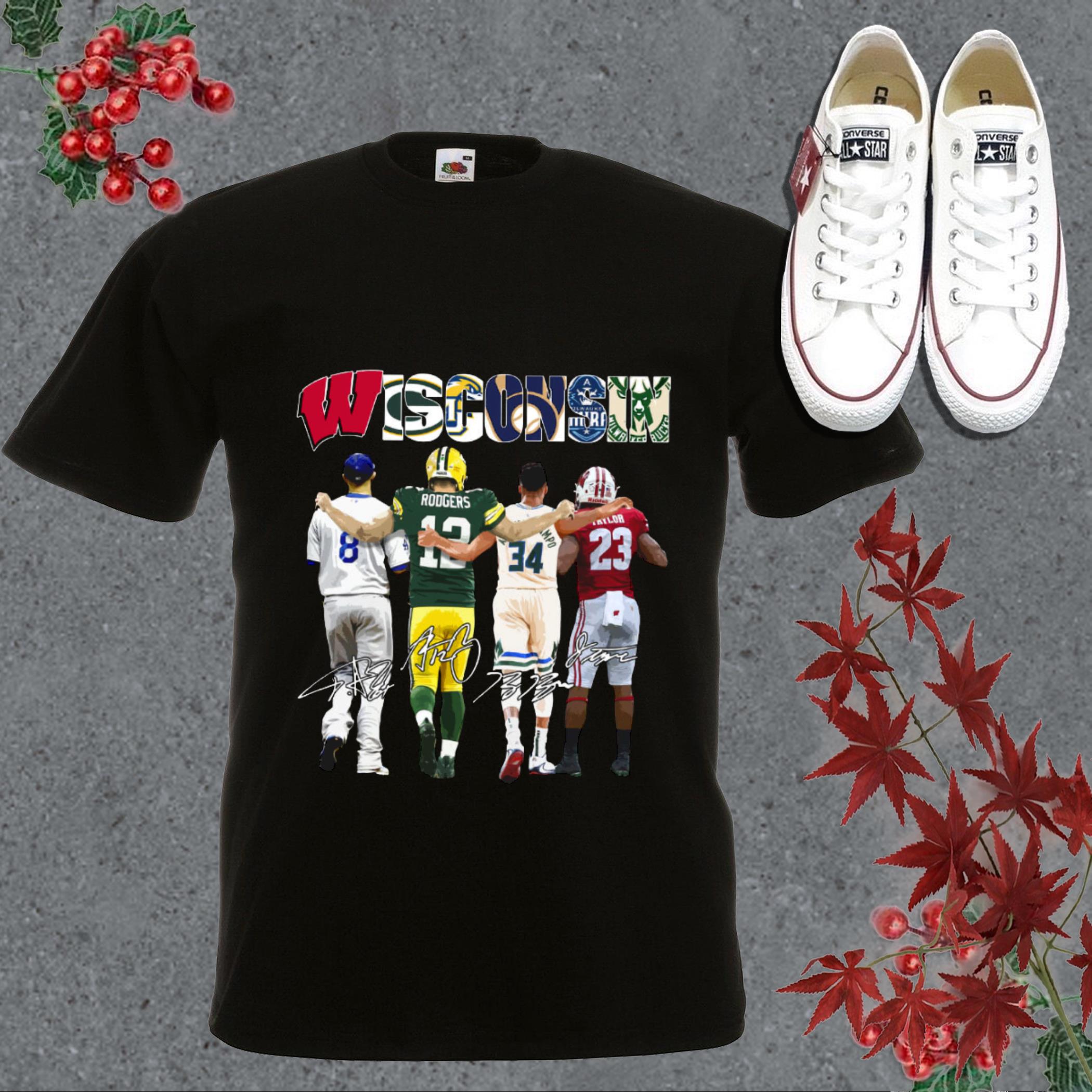 Trending Wisconsin Rodgers Giannis And Taylor And Antetokounmpo And Ryan Braun Signatures Shirt, Giannis And Taylor Shirt