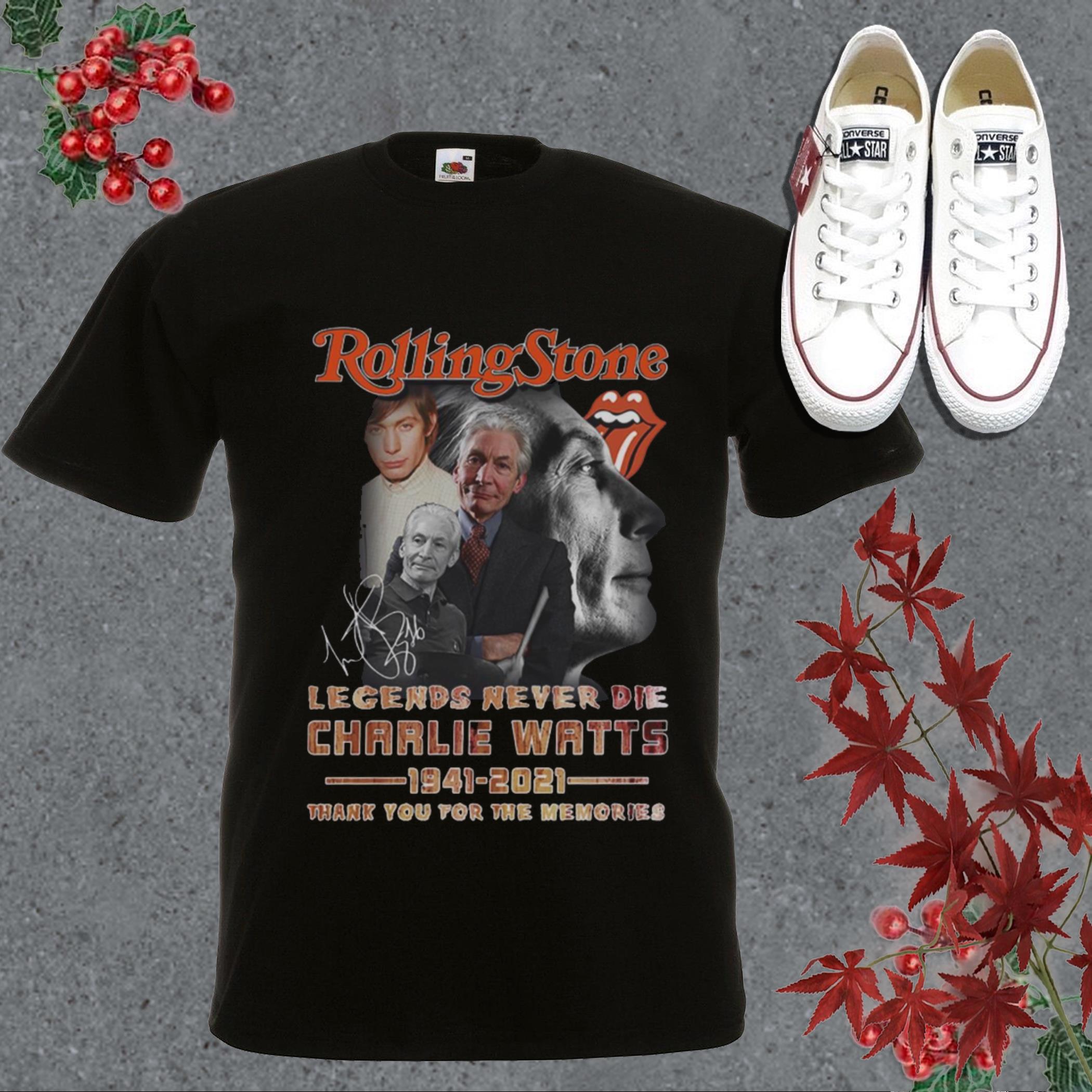 Nice Rip Charlie Watts Shirt, Rolling Stone Legends Never Die Charlie Watts 1941-2021 Thank Memories Signature Shirt